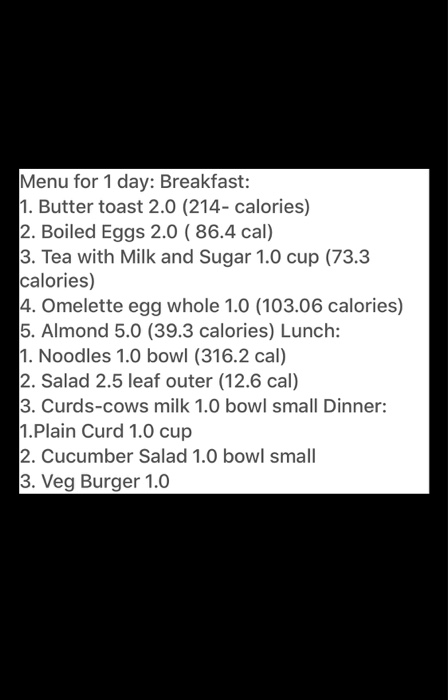 Menu for 1 day: Breakfast: 1. Butter toast 2.0 (214-calories) 2. Boiled Eggs 2.0 ( 86.4 cal) 3. Tea with Milk and Sugar 1.0 c