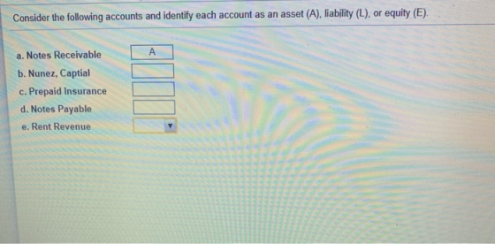 Consider the following accounts and identify each account as an asset (A), liability (L), or equity (E). a. Notes Receivable