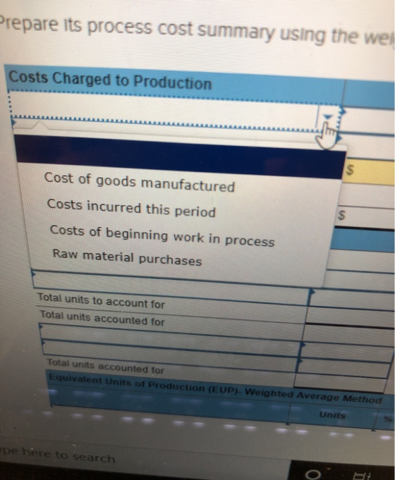 epare its process cost summary using the well Costs Charged to Production Cost of goods manufactured Costs incurred this peri