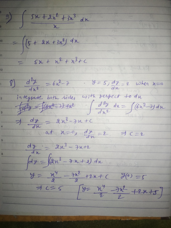 2) S. snt 2n + 3n3 dn n 10 (5 + 2x + 3n²) da 11 sht n2 terc 12 1 2 Fally for the of de dzy du = dy – 64²-7 y = 5, dy = 2 when