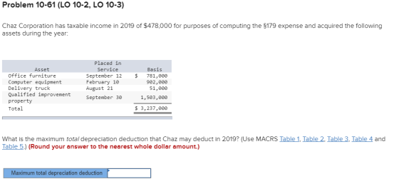 Problem 10-61 (LO 10-2, LO 10-3) Chaz Corporation has taxable income in 2019 of $478,000 for purposes of computing the $179 e