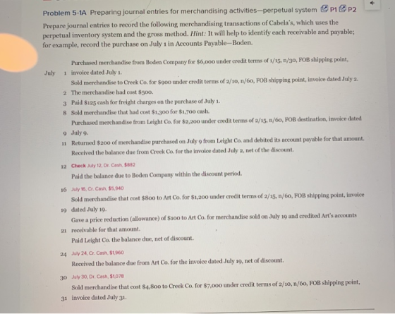 Problem 5-1A Preparing journal entries for merchandising activities--perpetual system P1 P2 Prepare journal entries to record