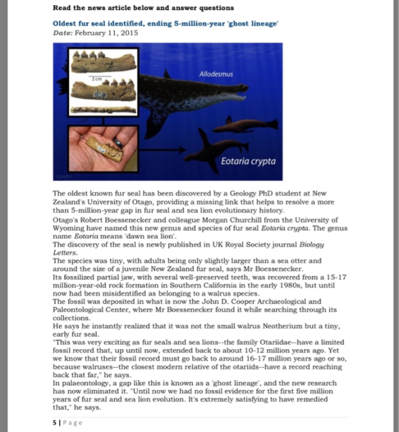 Read the news article below and answer questions Oldest fur seal identified, ending 5-million-year ghost lineage Date: Februa