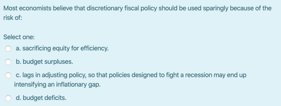 Most economists believe that discretionary fiscal policy should be used sparingly because of the risk of: Select one: O a. sa