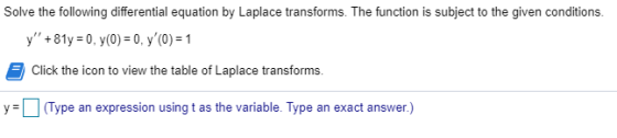 Solve the following differential equation by Laplace transforms. The function is subject to the given conditions. y +81y =