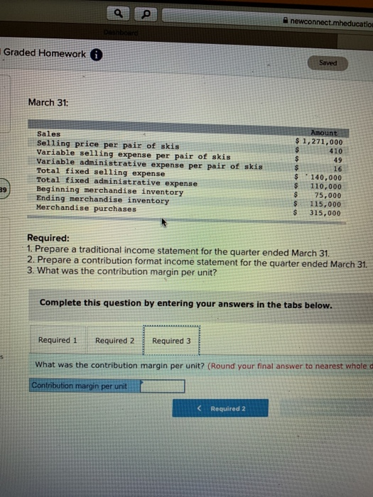 newconnect.mheducation Graded Homework Saved March 31: Amount $ 1,271,000 410 Sales Selling price per pair of skis Variable s