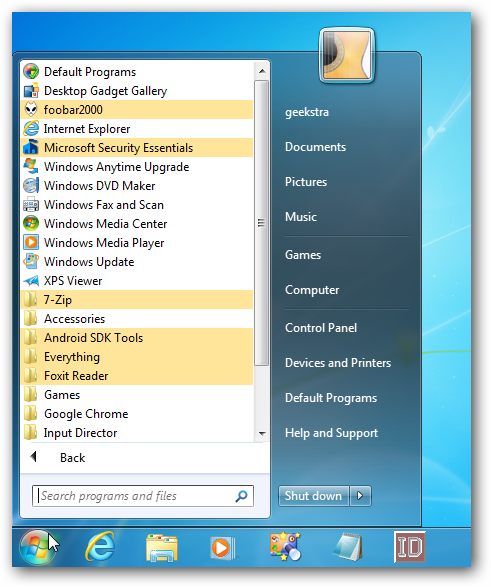 Default Programs Desktop Gadget Gallery foobar2000 Internet Explorer Microsoft Security Essentials Windows Anytime Upgrade Wi