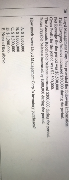 16 Lloyd Management Corp, has provided the following information: Their Inventory balance increased $50,000 during the period