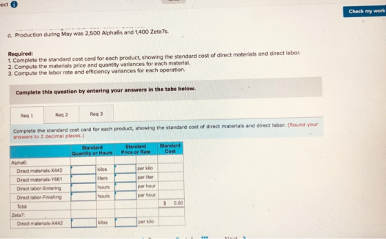 ect Check my work d. Production during May was 2,500 Alpha6s and 1,400 Zeta7s. Required: 1. Complete the standard cost card f