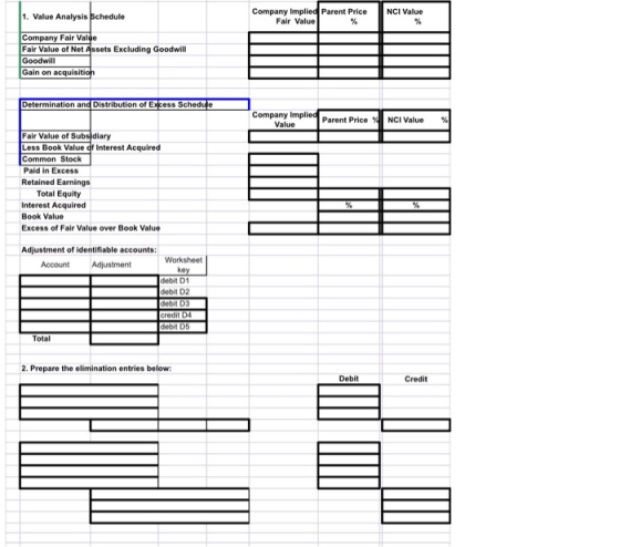 1. Value Analysis Schedule Company Implied Parent Price Fair Value NCI Value % Company Fair Valge Fair Value of Net Assets Ex