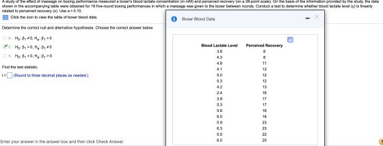 A study of the effect of massage on boxing performance measured a boxers blood lactate concentration (in mM) and perceived r