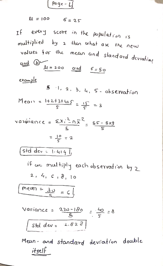 Page - L multiplied by i thun what ax the new values the mean and slandard S 1, 2. 3. 4, S- observation 10 std dev.414 F e mul tiply each observadi on by 2 2, 4, c,8, 10 S. variance-220-100 408 5 ST stol dev: L.828 double Mean and standard devration itself