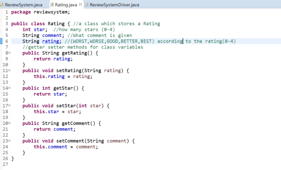 4 } Review System.java Rating.java X Review System Driver.java 1 package reviewsystem; 2 3 public class Rating { l/a class wh