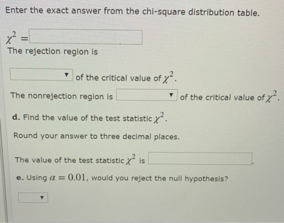 Enter the exact answer from the chi-square distribution table. x2 = The rejection region is of the critical value of The nonr