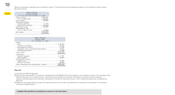 18 Rooney Corporation operates three investment centers. The following financial statements apply to the investment center na