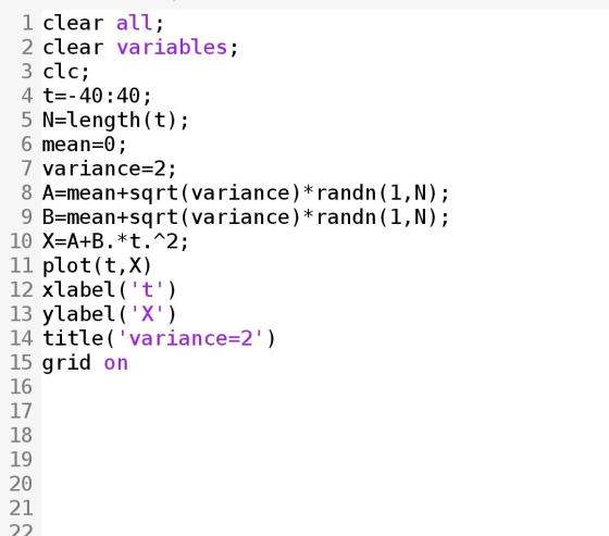 1 clear all; 2 clear variables; 3 clc; 4 t=-40:40; 5 N=length(t); 6 mean=0; 7 variance=2; 8 A=mean+sqrt(variance) *randn(1,N)