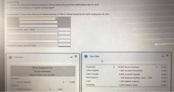 Requirements 1. Prepare the statement of retained earnings for Wilson Towing Service for the month ending June 30, 2018. 2. W