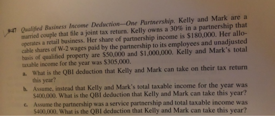 0:47 Qualified Business Income Deduction-One Partnership. Kelly and Mark are a married couple that file a joint tax return. K