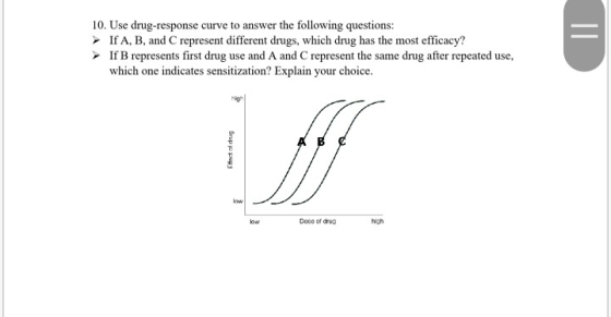 10. Use drug-response curve to answer the following questions: If A, B, and represent different drugs, which drug has the mos