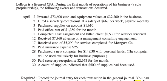 LeBron is a licensed CPA. During the first month of operations of his business (a sole proprietorship), the following events