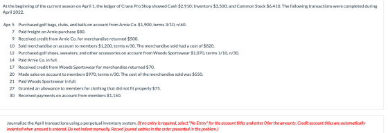 At the beginning of the current season on April 1, the ledger of Crane Pro Shop showed Cash $2,910; Inventory $3,500; and Com