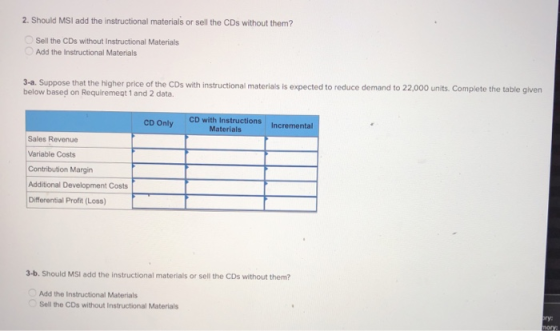 2. Should MSI add the instructional materials or sell the CDs without them? Sell the CDs without Instructional Materials Add
