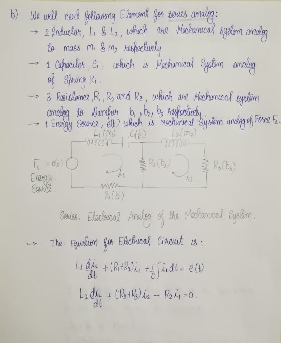 b) We will need following Element for series analog: > 2 Inductor, Li 8 12, which are Mechanical sylem analog to mass m, & me