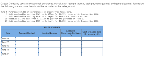 Caesar Company uses a sales journal, purchases journal, cash receipts journal, cash payments journal, and general journal. Jo