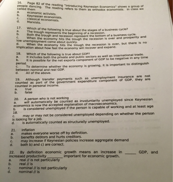 16. Page 82 of the reading Introducing Keynesian Econ e reading Introducing Keynesian Economics shows a group of people da