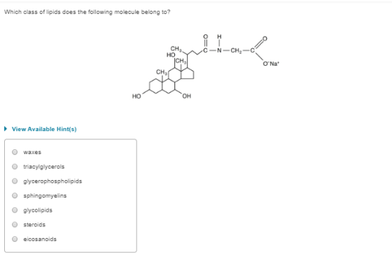 Which class of lipids does the following molecule belong to? CH N C -N-CHA-C ONa View Available Hints) waxes O triacylglycer