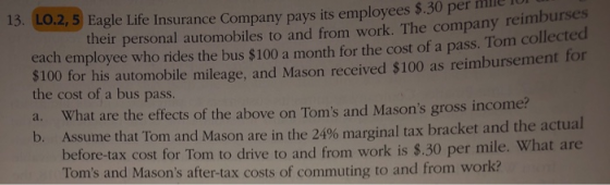 13 (О.as O 2,5 Eagle Life Insurance Company pays its employees $ 30 per mie i burses their personal automobiles to and from work. The company reim each employee who rides the bus $100 a month for the cost of a pass. Tom collected $100 for his automobile mileage, and Mason received $100 as reimbursement for the cost of a bus pass. What are the effects of the above on Toms and Masons gross income? A a. b. sume that Tom and Mason are in the 24% marginal tax bracket and the actual before-tax cost for Tom to drive to and from work is $.30 per mile. What are Toms and Masons after-tax costs of commuting to and from work?