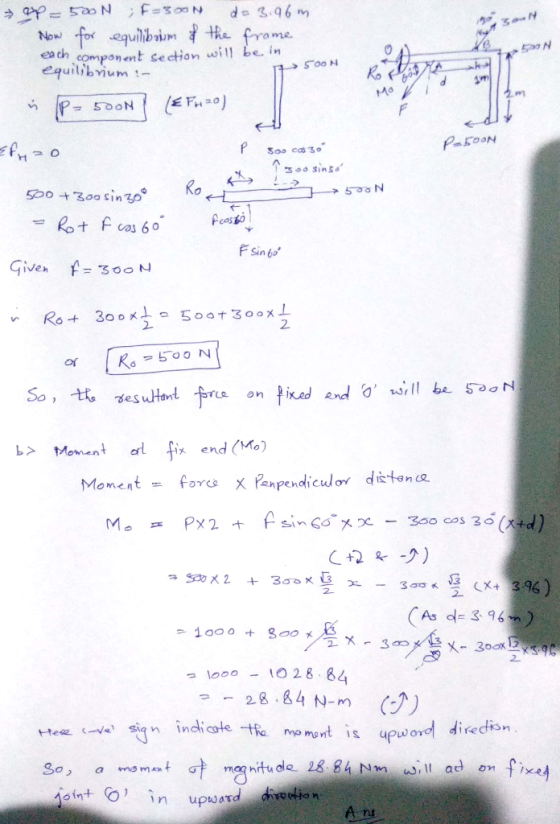 52N *SN * p = ;F=300 d = 3.96m Now for equilibrium of the frame each component section will be in equilibrium :- (€ FH20) > 5