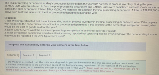 The final processing department in Marys production facility began the year with no work in process inventory. During the ye