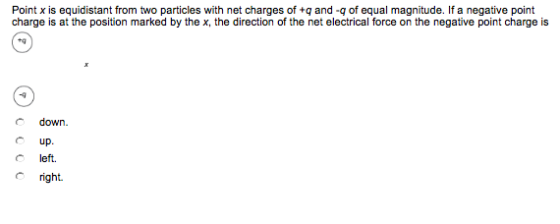 Point x is equidistant from two particles with net charges ofq and -g of equal magnitude. If a negative point charge is at the position marked by the x, the direction of the net electrical force on the negative point charge is tg down. up left right