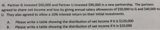 III. Partner G invested $60,000 and Partner U invested $90,000 in a new partnership. The partners agreed to share net income