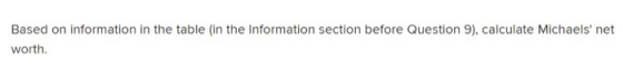 Based on information in the table in the Information section before Question 9), calculate Michaels net worth.