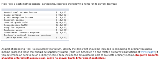 Hoki Poki, a cash-method general partnership, recorded the following items for its current tax year: Rental real estate incom
