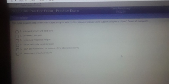 File Print E-mail Burn Open LEX-RN Practice Exam Practice Exam e422 50 eatouladon he urse s assessing a cient with suspected