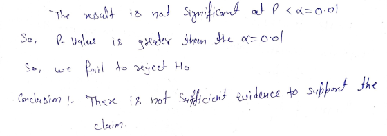 The result is not significant at P <Q=0.01 So, Po value is grader than the ofzool So, we fail to reject Ho Conclusion ! There