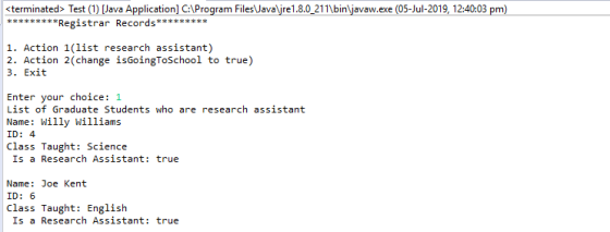 terminated> Test (1) [Java Application] C:\Program Files\Java\jre1.8.0_211\bin\javaw.exe (05-Jul-2019, 12:40:03 pm) Registrar
