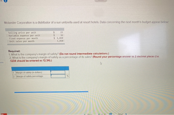 Molander Corporation is a distributor of a sun umbrella used at resort hotels. Data concerning the next months budget appear