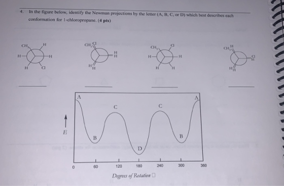 4. In the figure below, identify the Newman projections by the letter (A, B, C, or D) which best describes each conformation