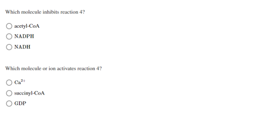Which molecule inhibits reaction 4? O acetyl-CoA O NADPH O NADH Which molecule or ion activates reaction 4? Ca2+ O succinyl-C