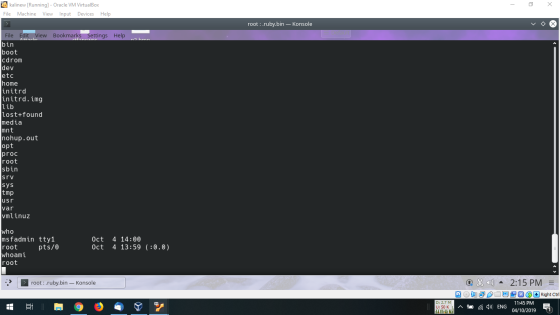 - 2 x a kalinew [Running] - Oracle VM VirtualBox File Machine View Input Devices Help root : ruby.bin - Konsole Bookmarks Set