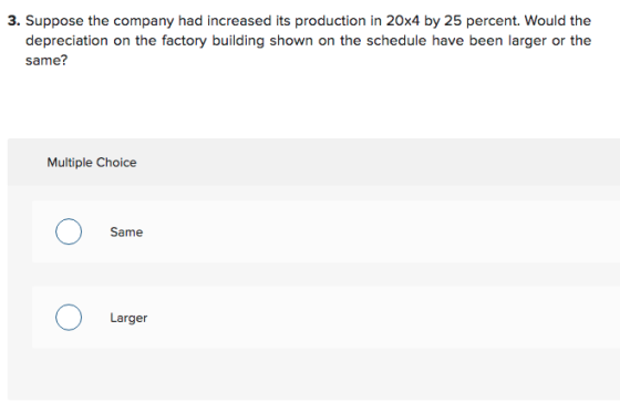 3. Suppose the company had increased its production in 20x4 by 25 percent. Would the same? Multiple Choice Same Larger