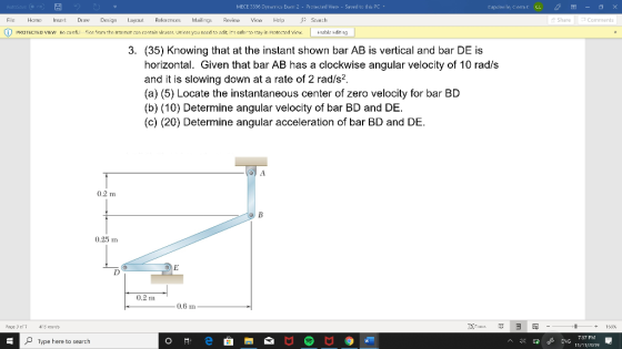 MECE 3336 Dynanics Exern 2- Protected View - 5aved to this PC Autasove CH Caprlavile, Cena C Share Comments Ногги Sh File Ins