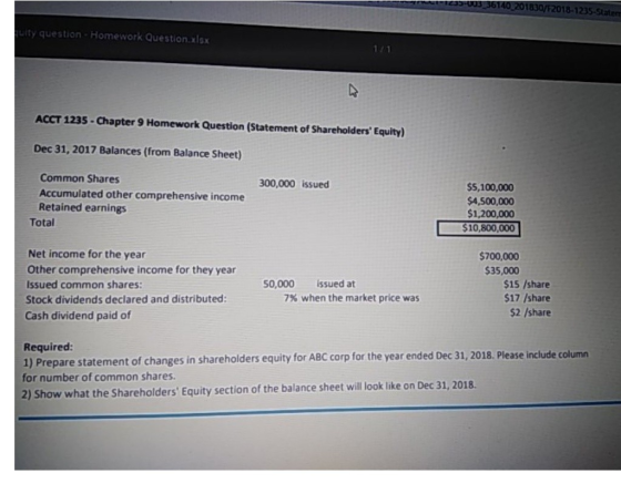 36140 201830/F2018-1235-Statem uity question- Homework Question.xlsx ACCT 1235-Chapter 9 Homework Question (Statement of Shar