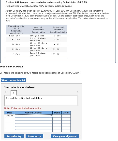 Problem 9-3A Aging accounts receivable and accounting for bad debts LO P2, P3 The following information applies to the questi