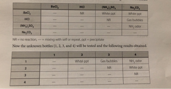 BaCl, HCI (NH),so, Na,co Baci, - NR White ppt White ppt HCI - - NR Gas bubbles (NH, SO, - - NH, odor Na,co NR = no reaction,-