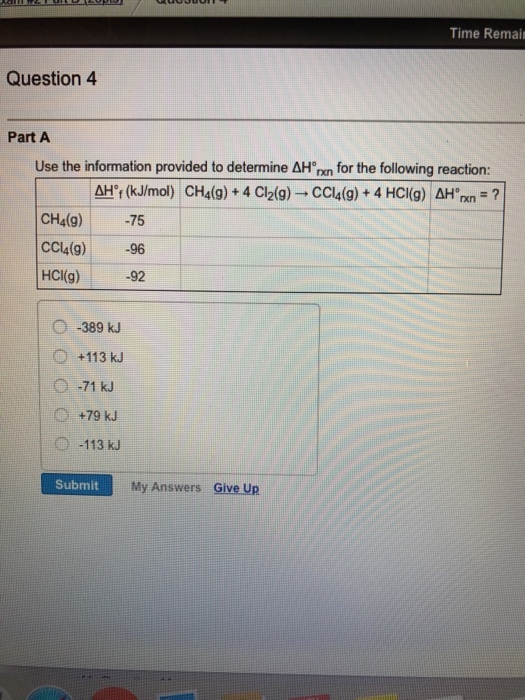 Time Remai Question 4 Part A xn for the following reaction: 샌。f (kJ/mol) CH4(g) + 4 Cl2(g) → CCl4(g) + 4 HCl(g) dHm-? CH4(g)-75 CCl4(g)-96 HCI(g)-92 O -389 kJ O +113 k O -71 kJ +79 kJ -113 kJ Submit My Answers Give Up